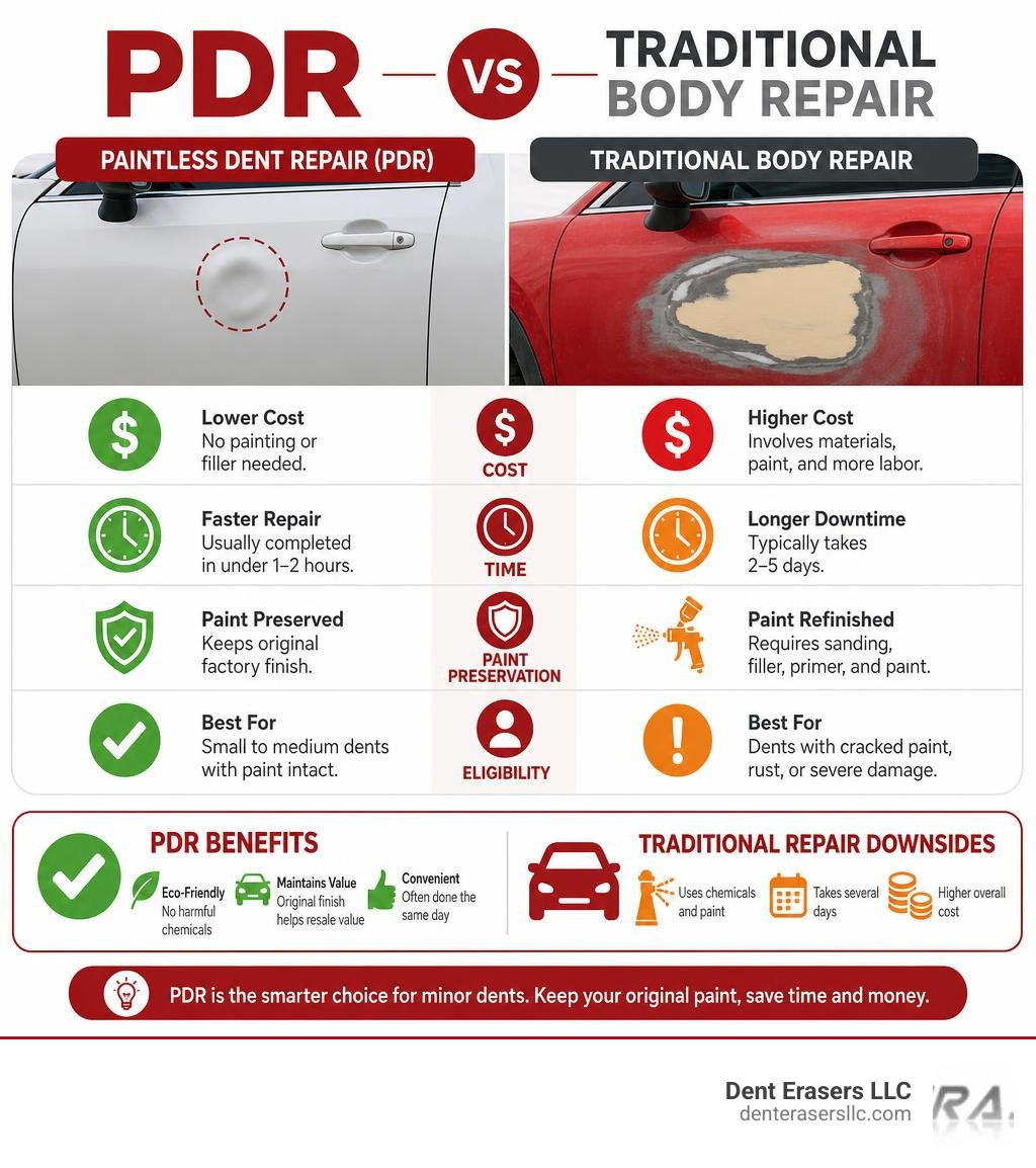 PDR vs traditional body repair comparison infographic: cost, time, paint preservation, and eligibility infographic Pdr Vs Traditional Body Repair Comparison Infographic: Cost, Time, Paint Preservation, And Eligibility Infographic