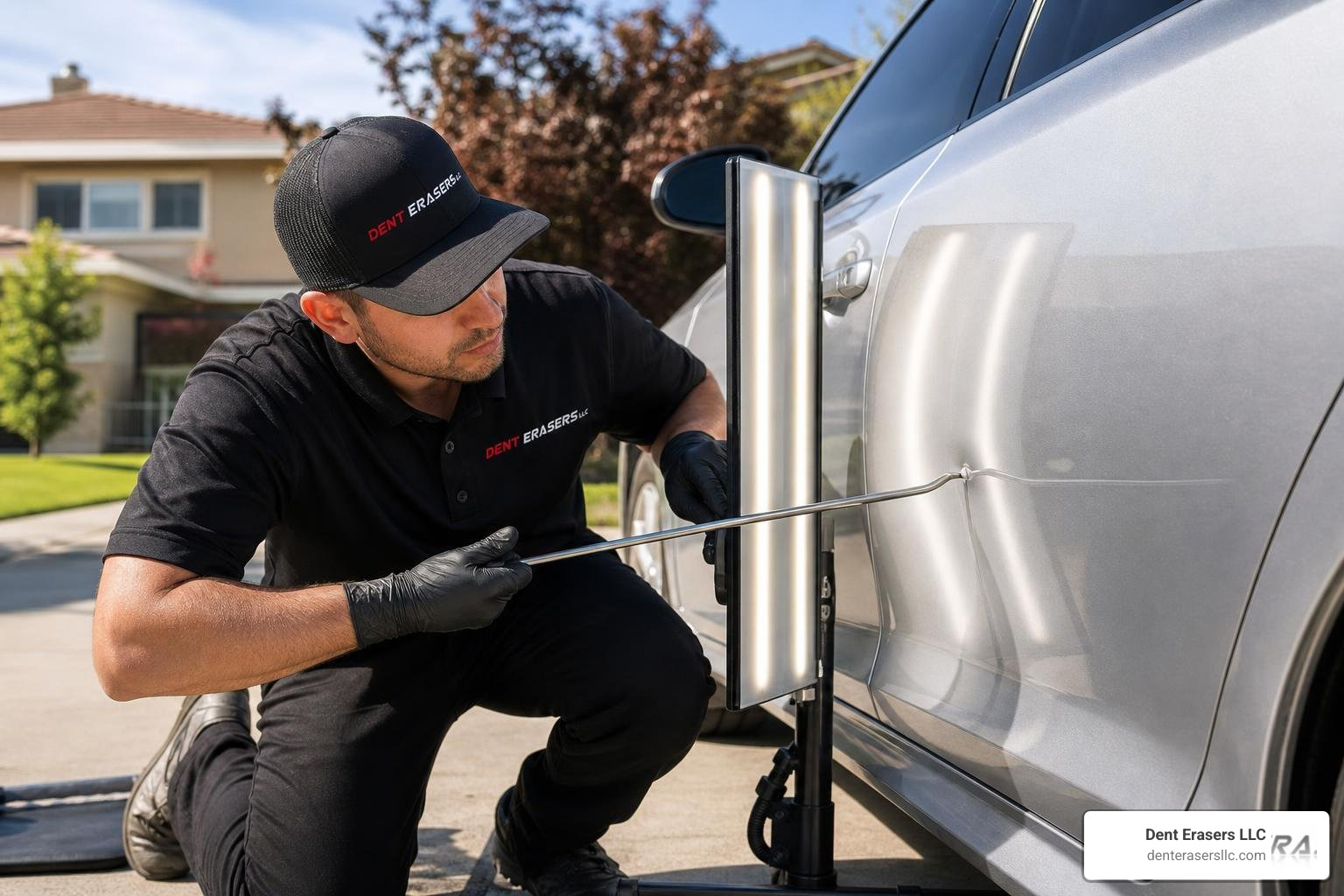 mobile PDR technician massaging out a door ding on a driveway Mobile Pdr Technician Massaging Out A Door Ding On A Driveway