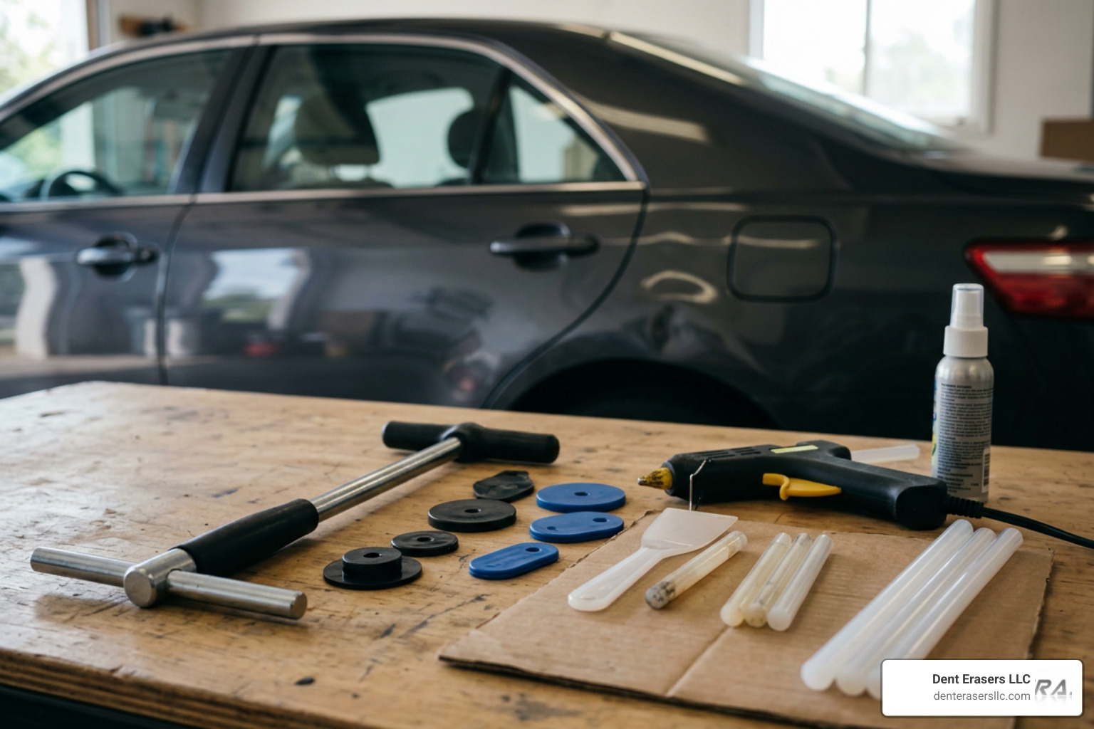 cheap DIY dent puller kit showing plastic tabs and hot glue gun Cheap Diy Dent Puller Kit Showing Plastic Tabs And Hot Glue Gun