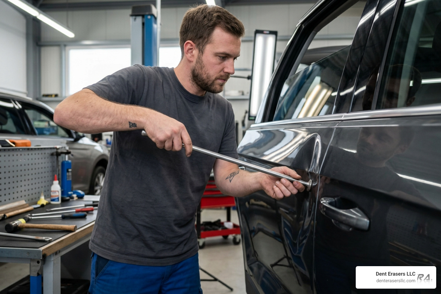 Specialized PDR tools massaging a dent from behind the panel Specialized Pdr Tools Massaging A Dent From Behind The Panel