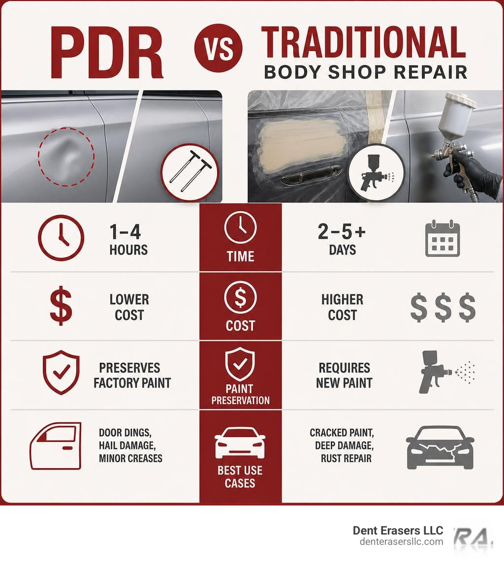Infographic comparing PDR vs traditional body shop repair: time, cost, paint preservation, and best use cases infographic Infographic Comparing Pdr Vs Traditional Body Shop Repair: Time, Cost, Paint Preservation, And Best Use Cases Infographic