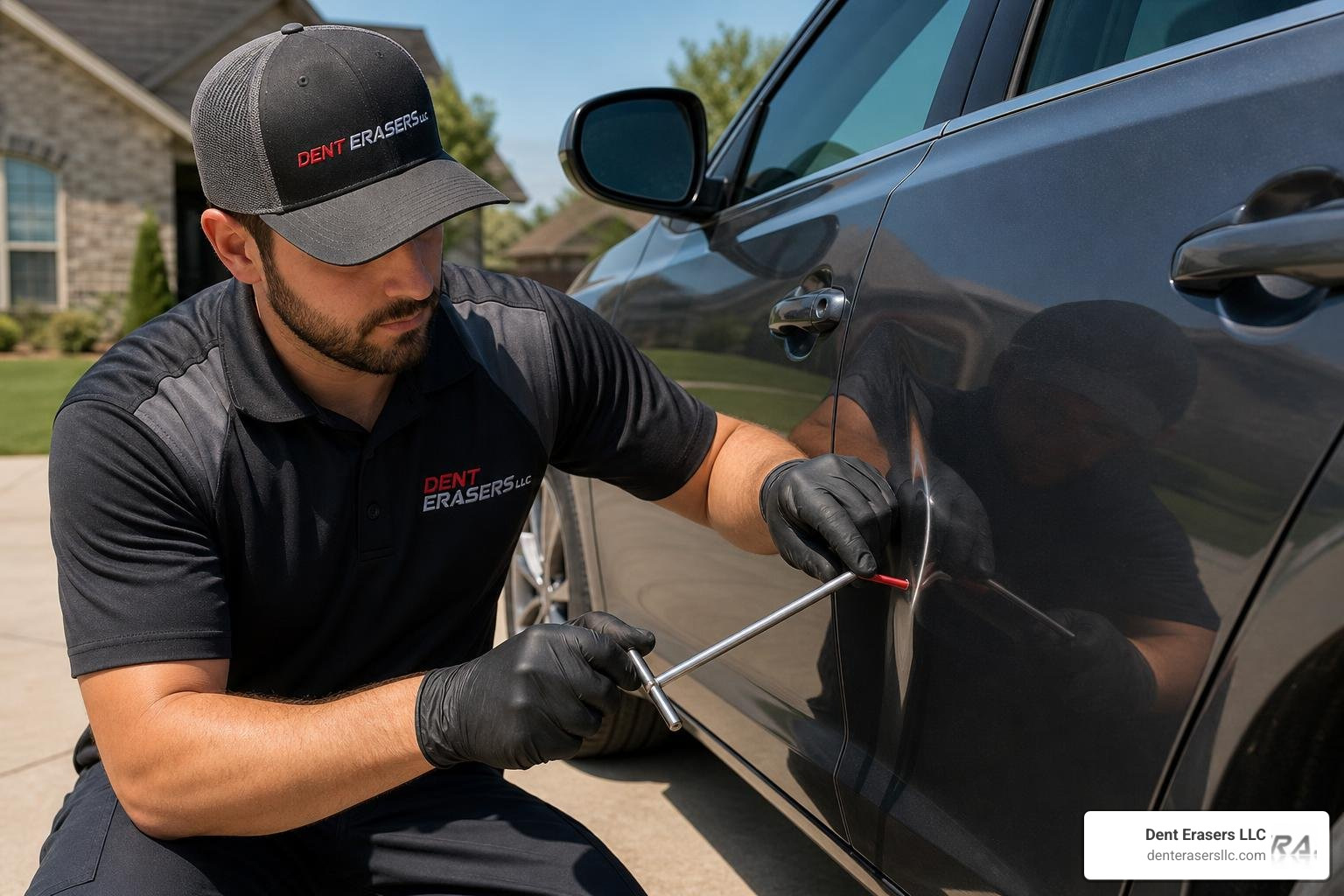 Technician performing a quick mobile repair on a vehicle driveway Technician Performing A Quick Mobile Repair On A Vehicle Driveway