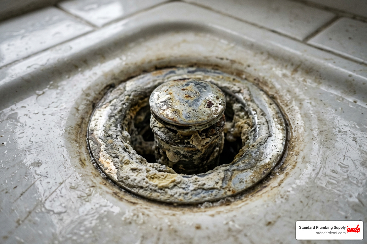 worn-out sink drain with limescale and soap scum worn-out sink drain with limescale and soap scum