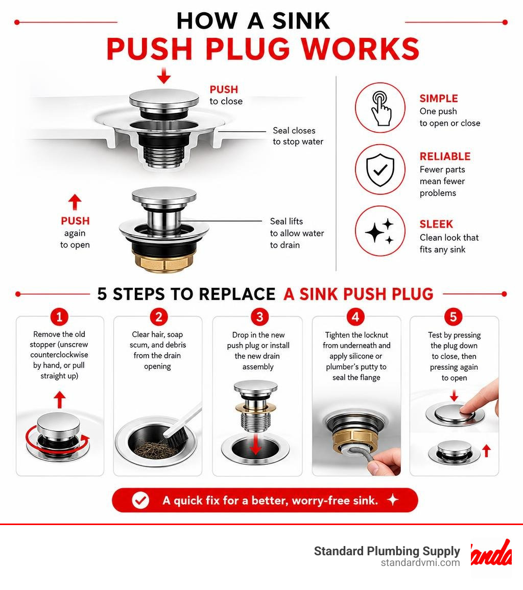 Infographic showing how a sink push plug works and 5 steps to replace it infographic Infographic showing how a sink push plug works and 5 steps to replace it infographic