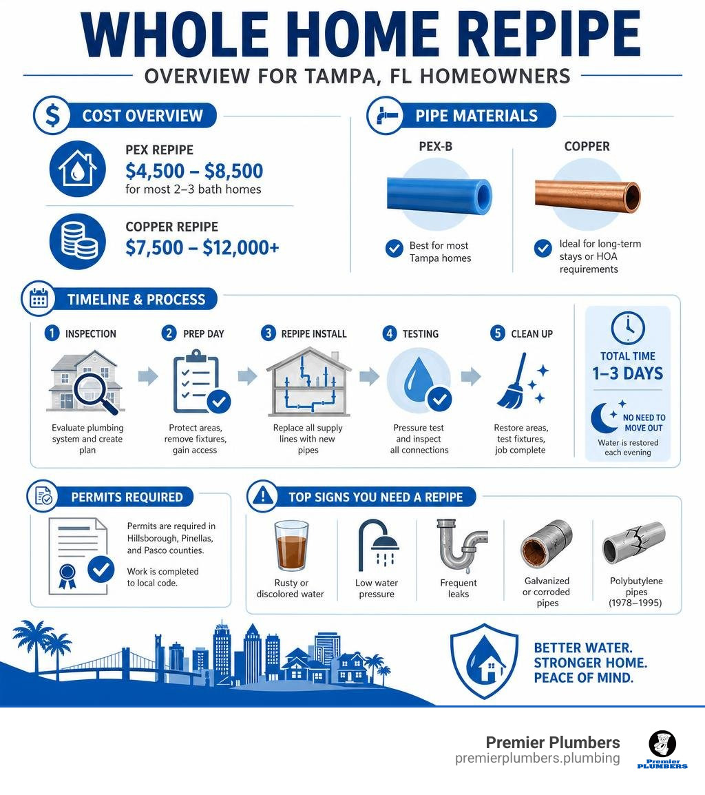 overview infographic of whole home repipe process costs materials timeline and signs for Tampa FL homeowners infographic overview infographic of whole home repipe process costs materials timeline and signs for Tampa FL homeowners infographic
