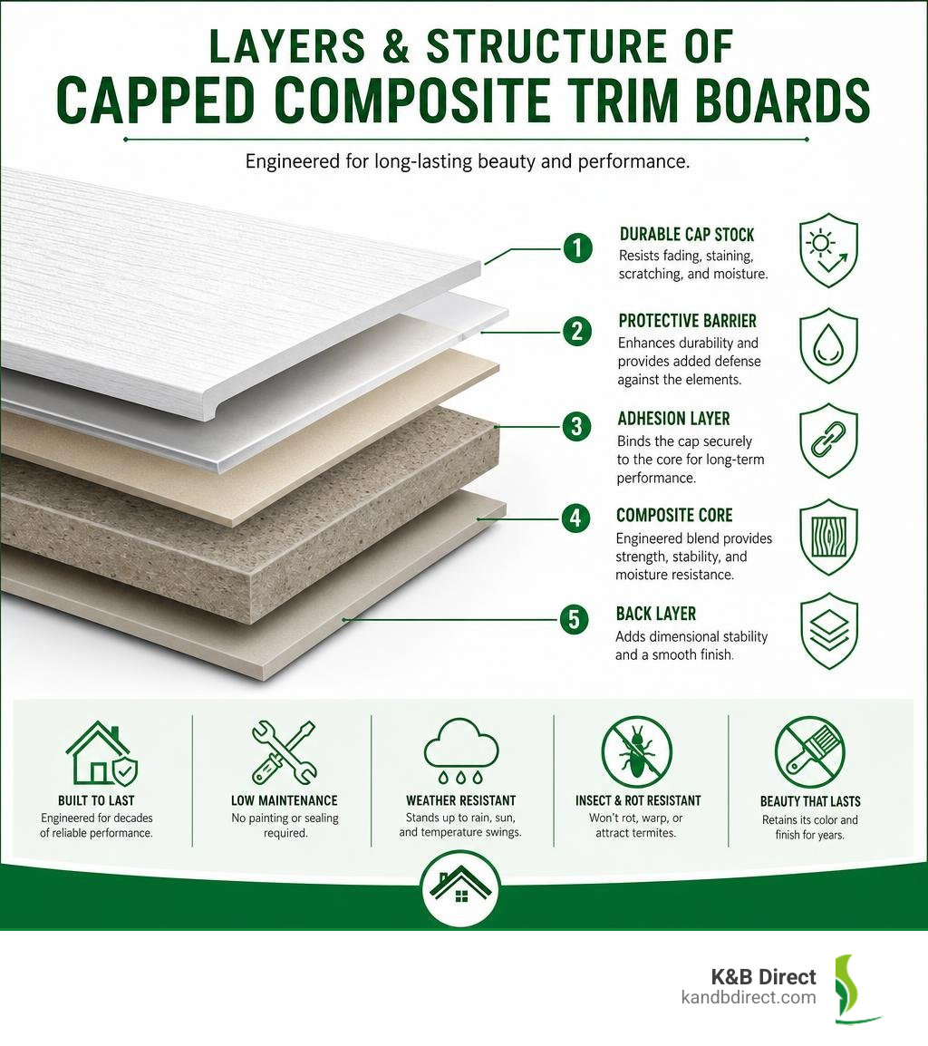 Layers and structure of capped composite trim boards explained in infographic infographic