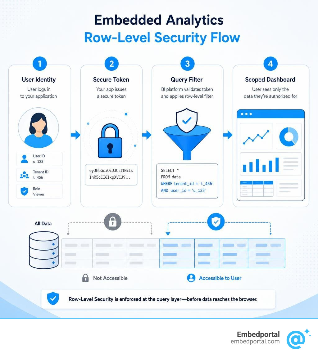 Embedded analytics row-level security flow: user identity to token to query filter to scoped dashboard infographic