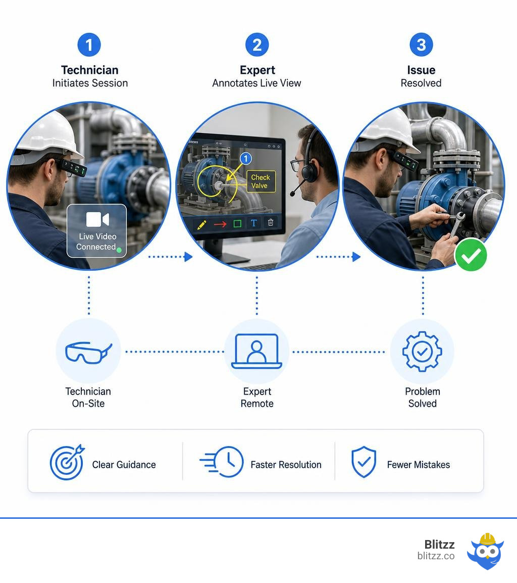 AR remote assistance workflow: technician initiates session, expert annotates live view, issue resolved infographic