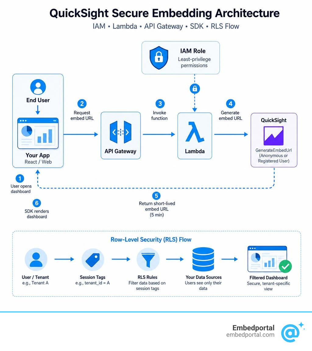QuickSight secure embedding architecture: IAM, Lambda, API Gateway, SDK, RLS flow infographic