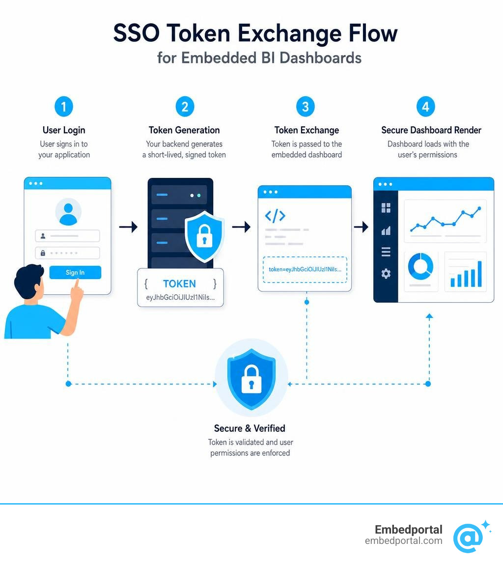 SSO token exchange flow for embedded BI dashboards: user login to token generation to secure dashboard render infographic
