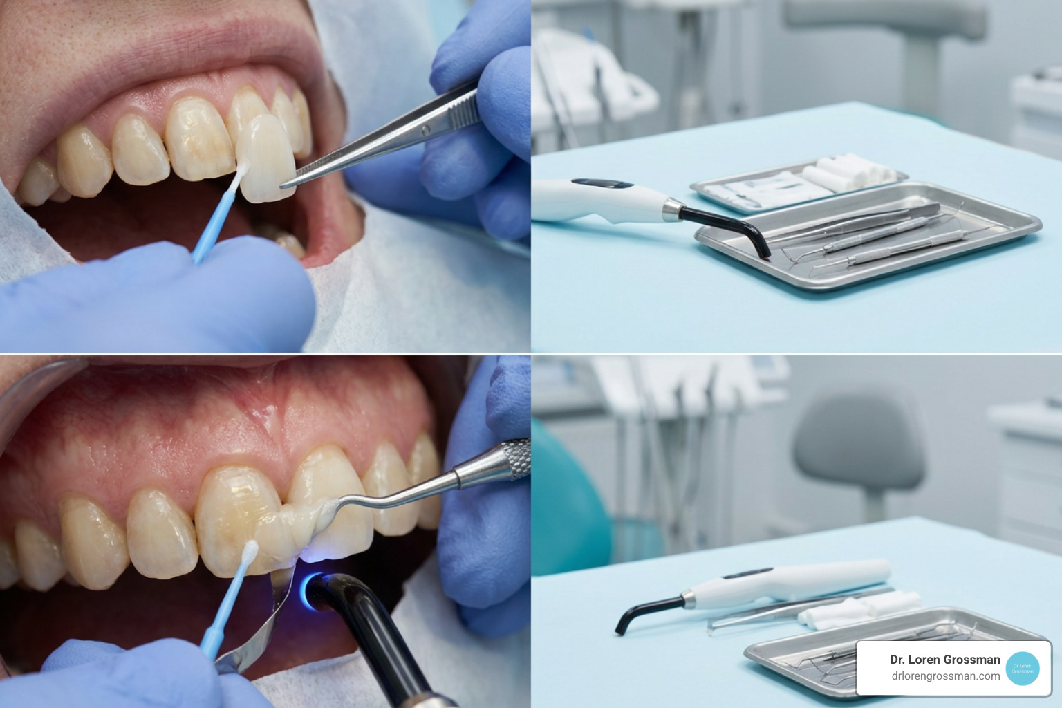 Comparison showing the application of a porcelain veneer versus dental bonding on a stained tooth