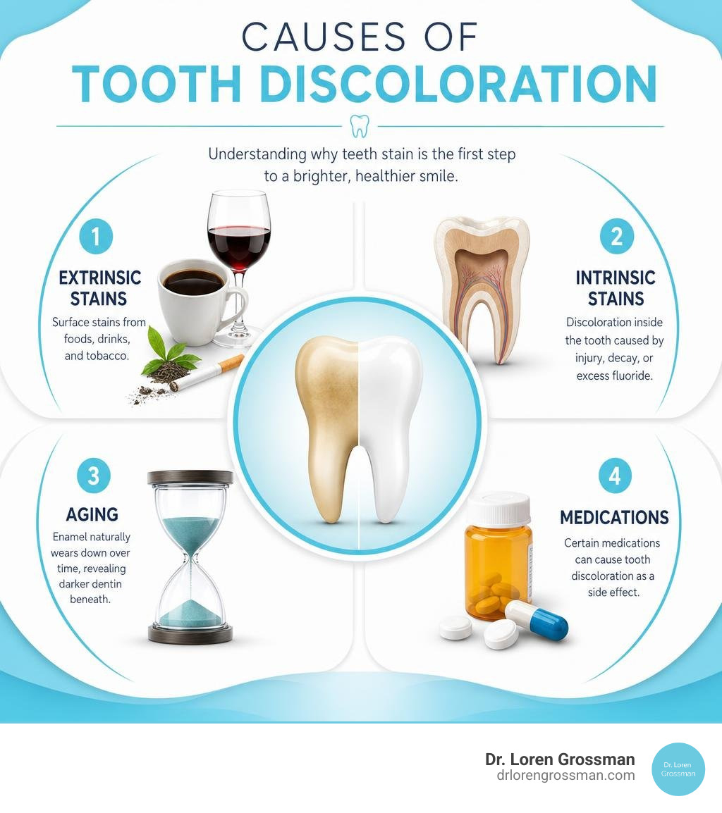 Causes of tooth discoloration including extrinsic stains, intrinsic stains, aging, and medications infographic