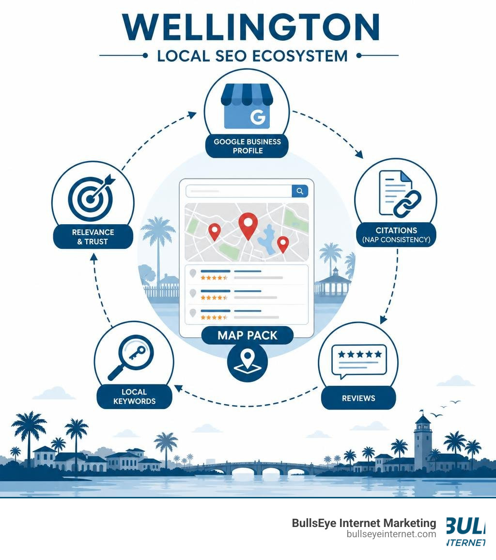 Wellington local SEO ecosystem infographic showing GBP, citations, reviews, local keywords, and map pack infographic Wellington local SEO ecosystem infographic showing GBP, citations, reviews, local keywords, and map pack infographic