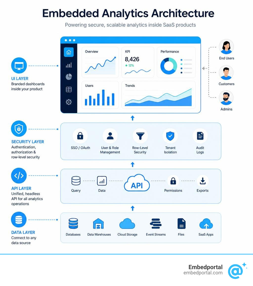 Embedded analytics architecture showing data layer, security, API, and UI layers for SaaS products infographic