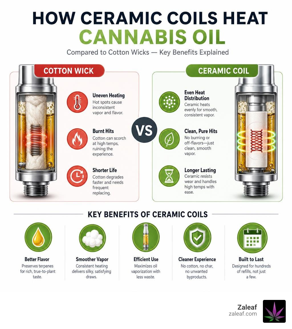 How ceramic coils heat cannabis oil compared to cotton wicks — key benefits explained infographic How ceramic coils heat cannabis oil compared to cotton wicks — key benefits explained infographic