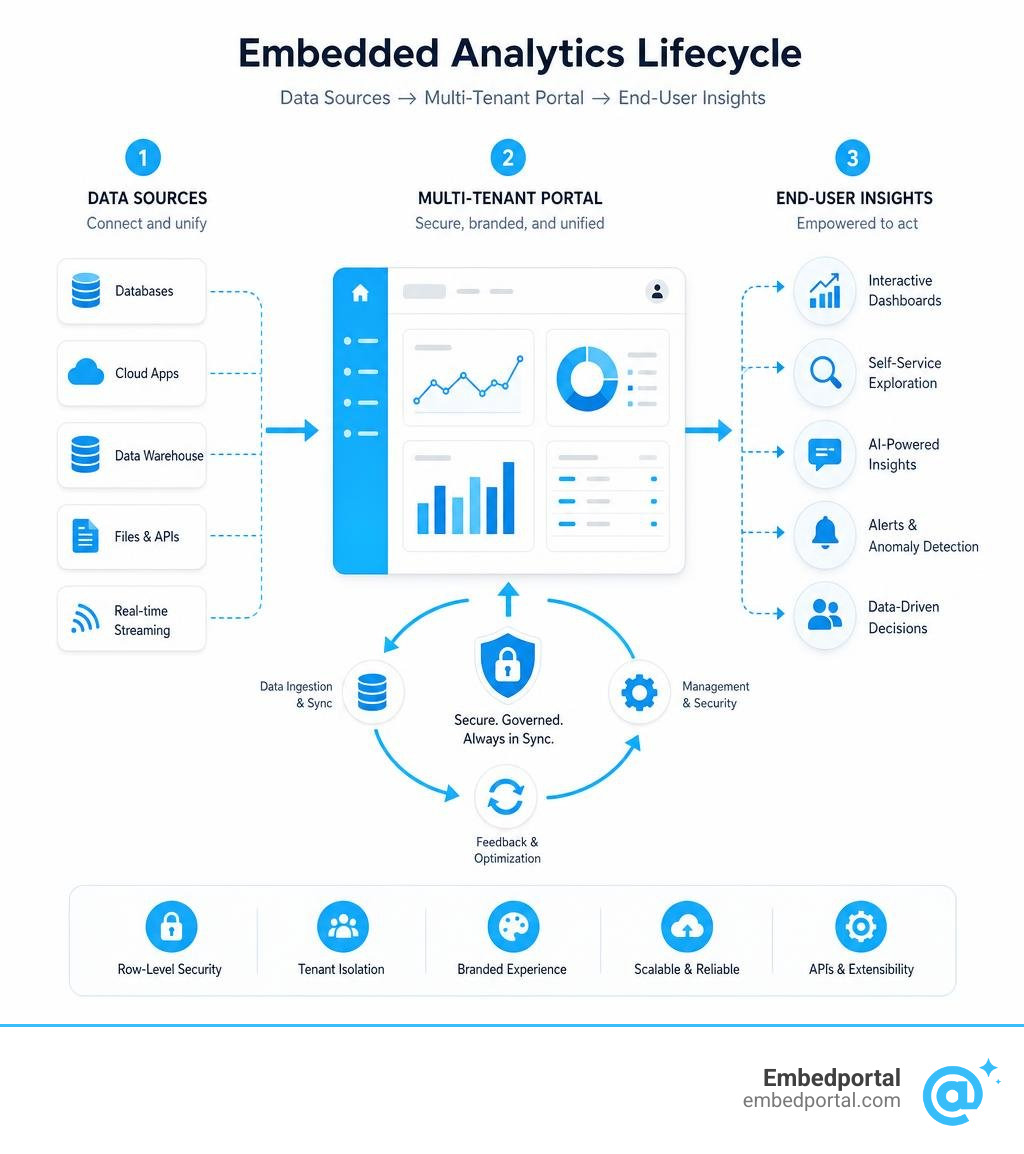 Embedded analytics lifecycle: data sources to multi-tenant portal to end-user insights infographic
