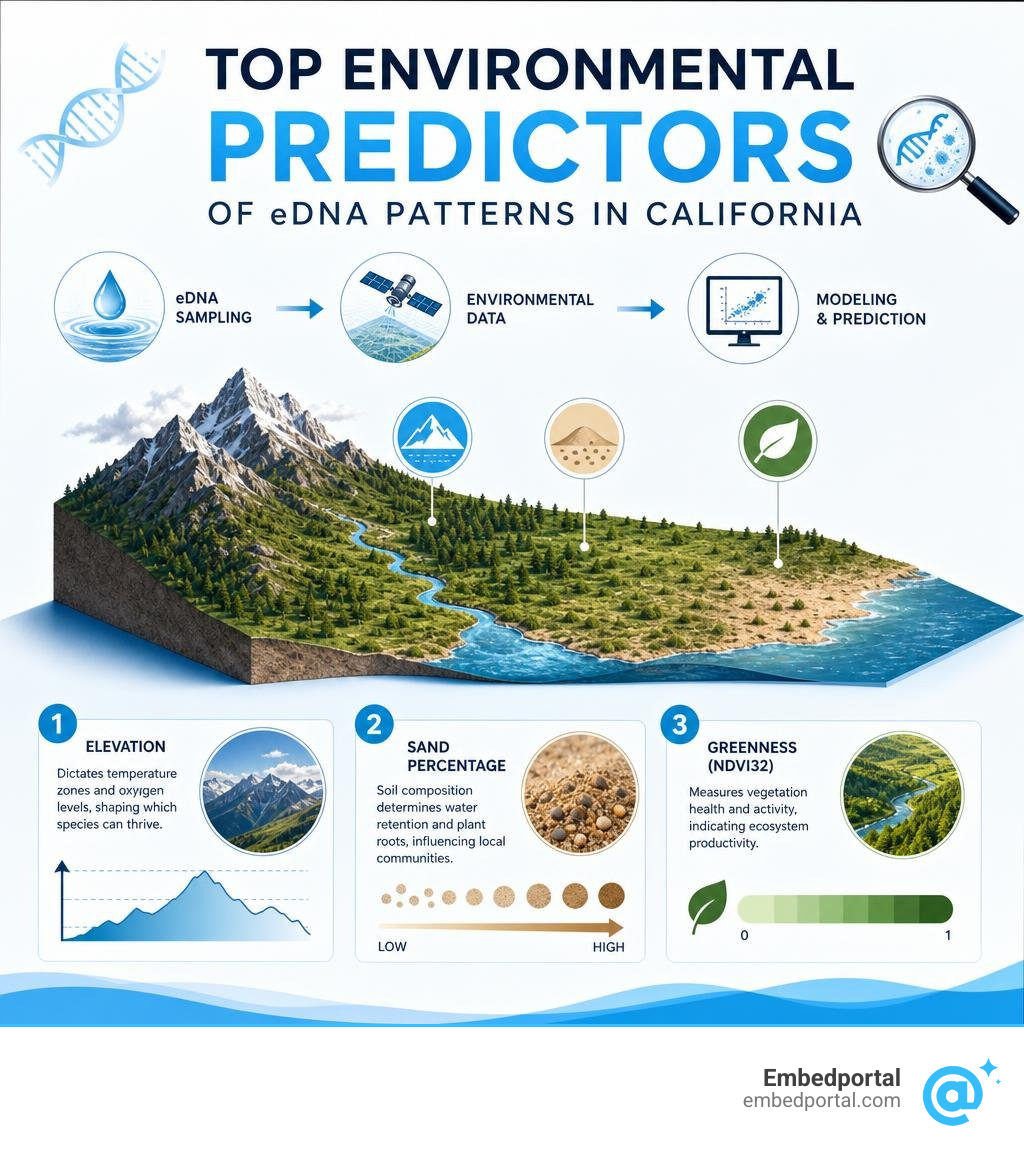 Infographic showing top environmental predictors of eDNA patterns in California infographic Infographic showing top environmental predictors of eDNA patterns in California infographic