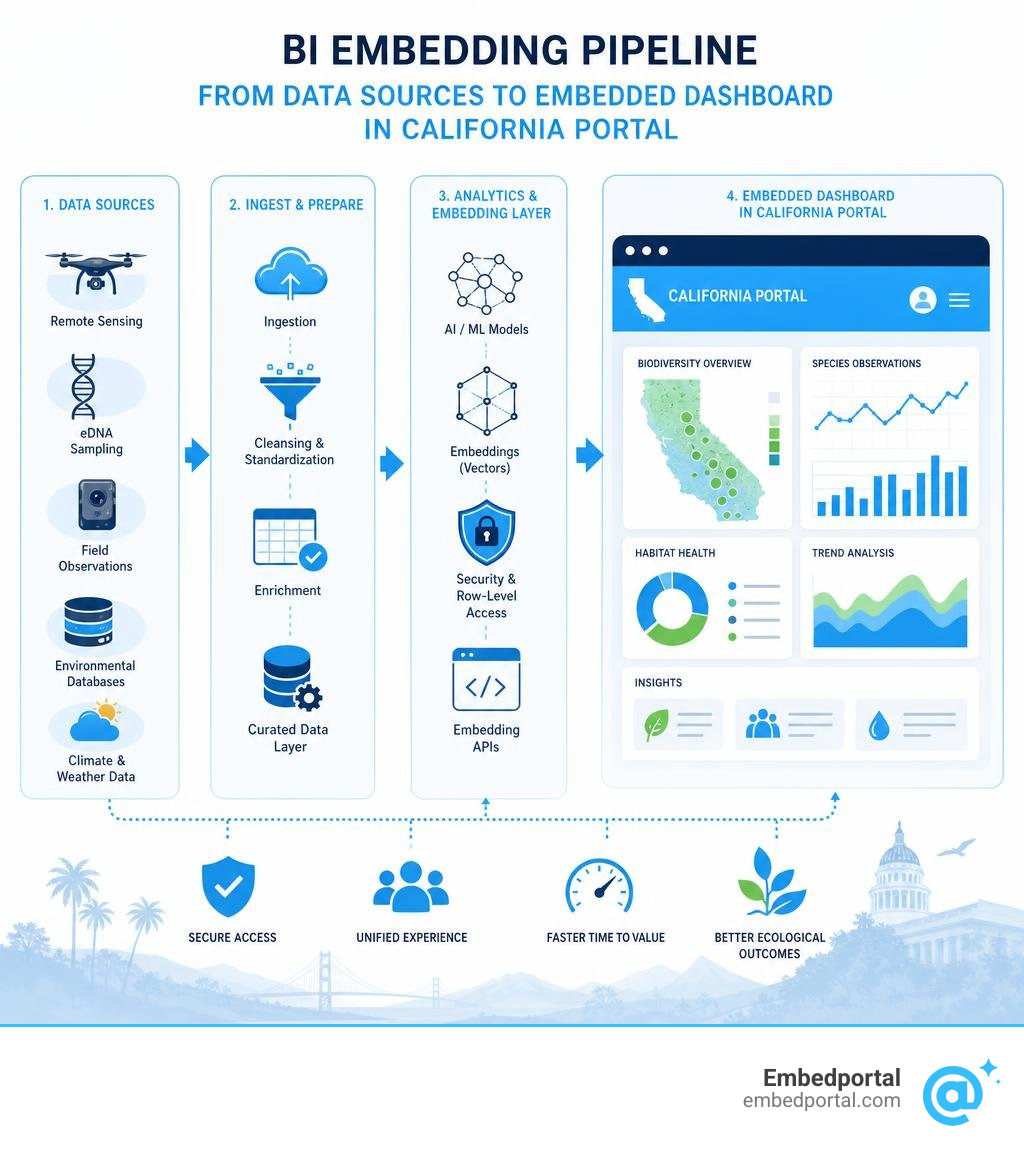 BI embedding pipeline from data sources to embedded dashboard in California portal infographic BI embedding pipeline from data sources to embedded dashboard in California portal infographic