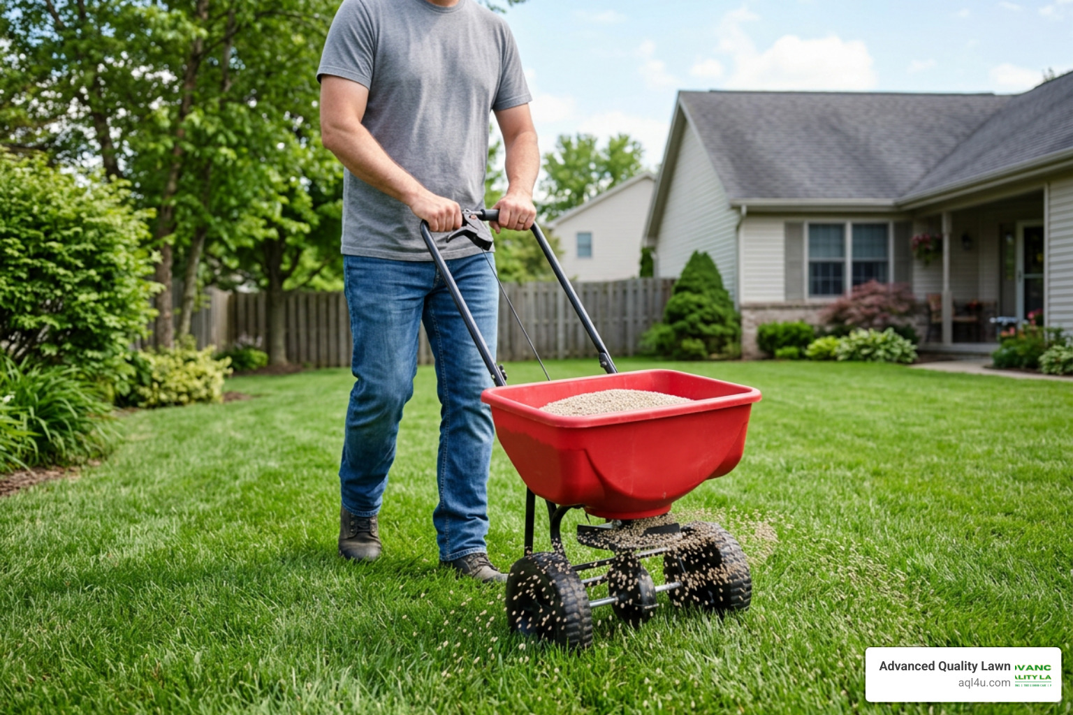 lawn spreader applying granular fertilizer to turf grass lawn spreader applying granular fertilizer to turf grass