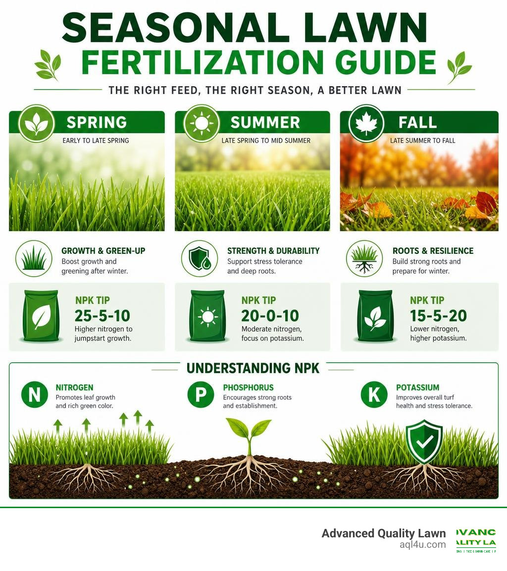 Seasonal lawn fertilization guide showing spring, summer, and fall feeding schedule with NPK tips infographic Seasonal lawn fertilization guide showing spring, summer, and fall feeding schedule with NPK tips infographic