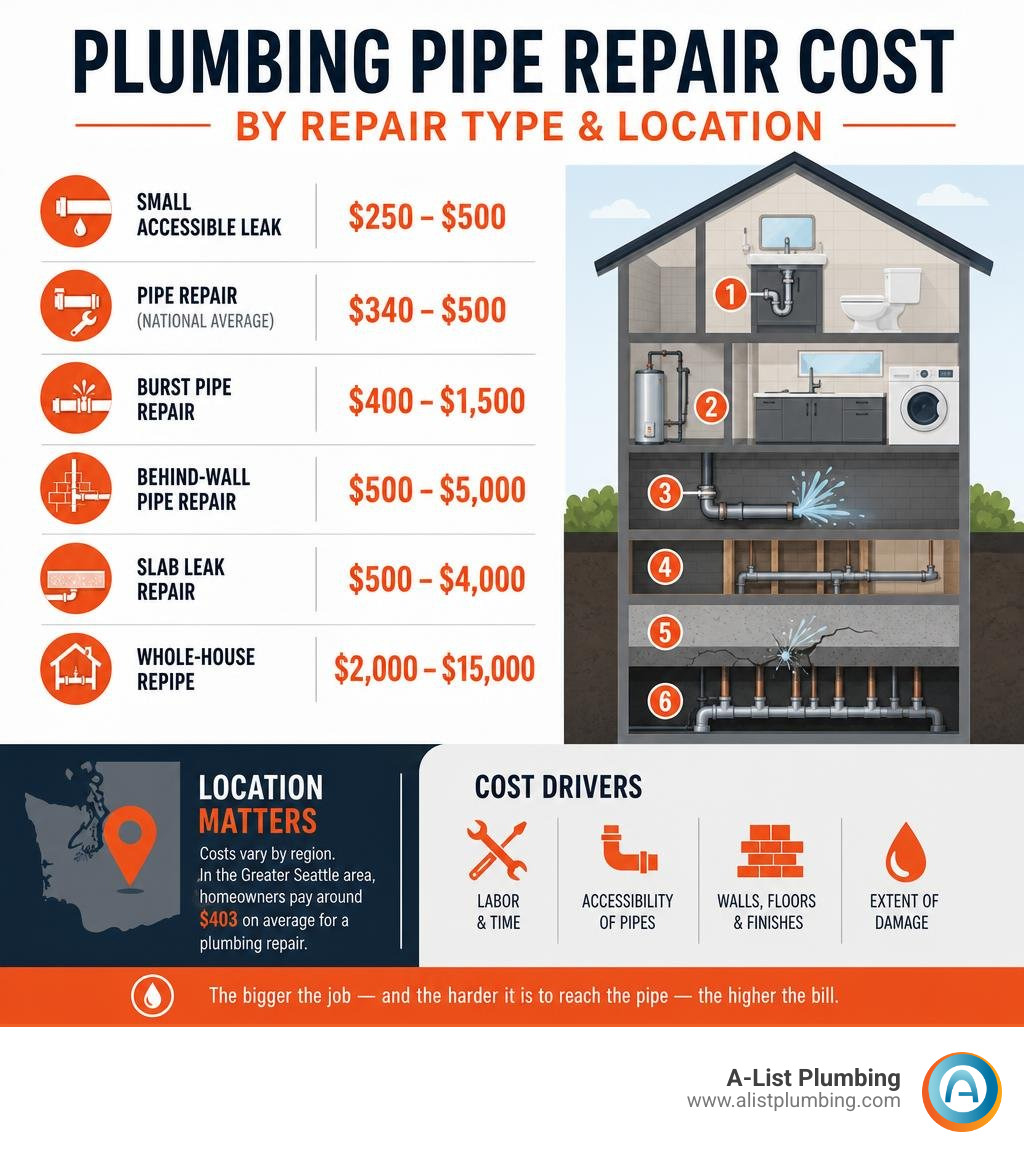 infographic showing plumbing pipe repair cost ranges by repair type and location infographic