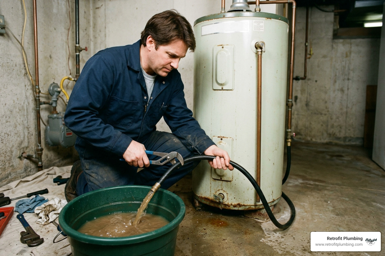 Plumber draining an old water heater filled with sediment
