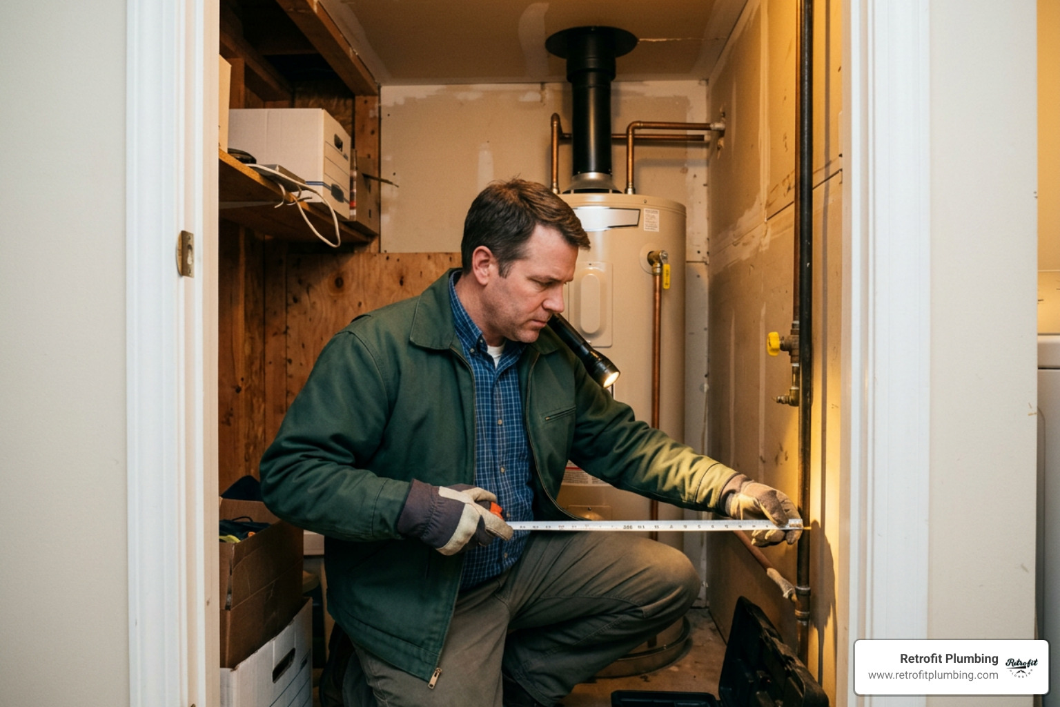Homeowner measuring utility closet space for a new water heater