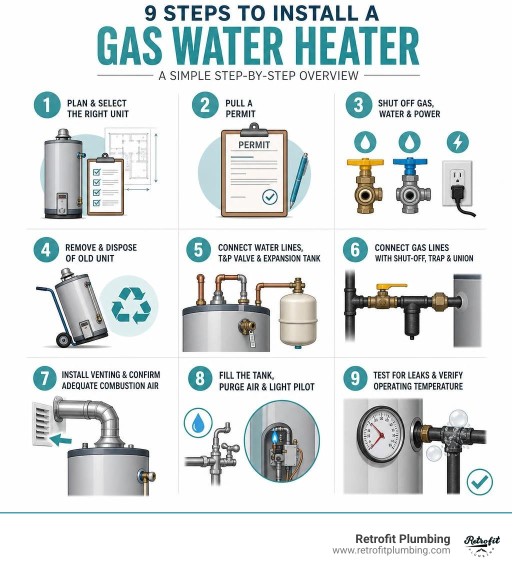 Step-by-step overview of how a residential gas water heater installation works infographic