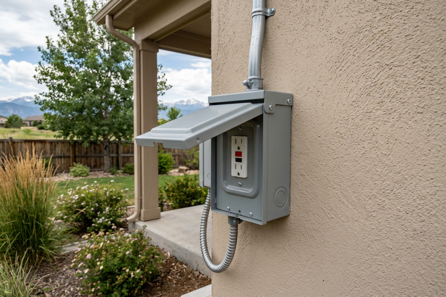 outdoor GFCI disconnect box mounted on a residential wall Denver backyard outdoor GFCI disconnect box mounted on a residential wall Denver backyard