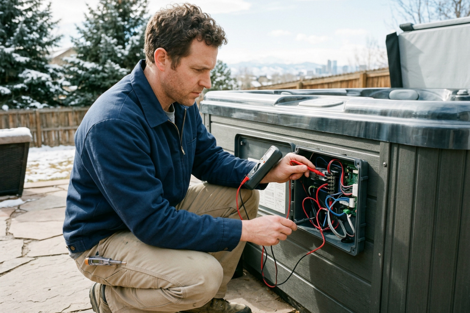 licensed electrician testing a hot tub control panel in Denver licensed electrician testing a hot tub control panel in Denver