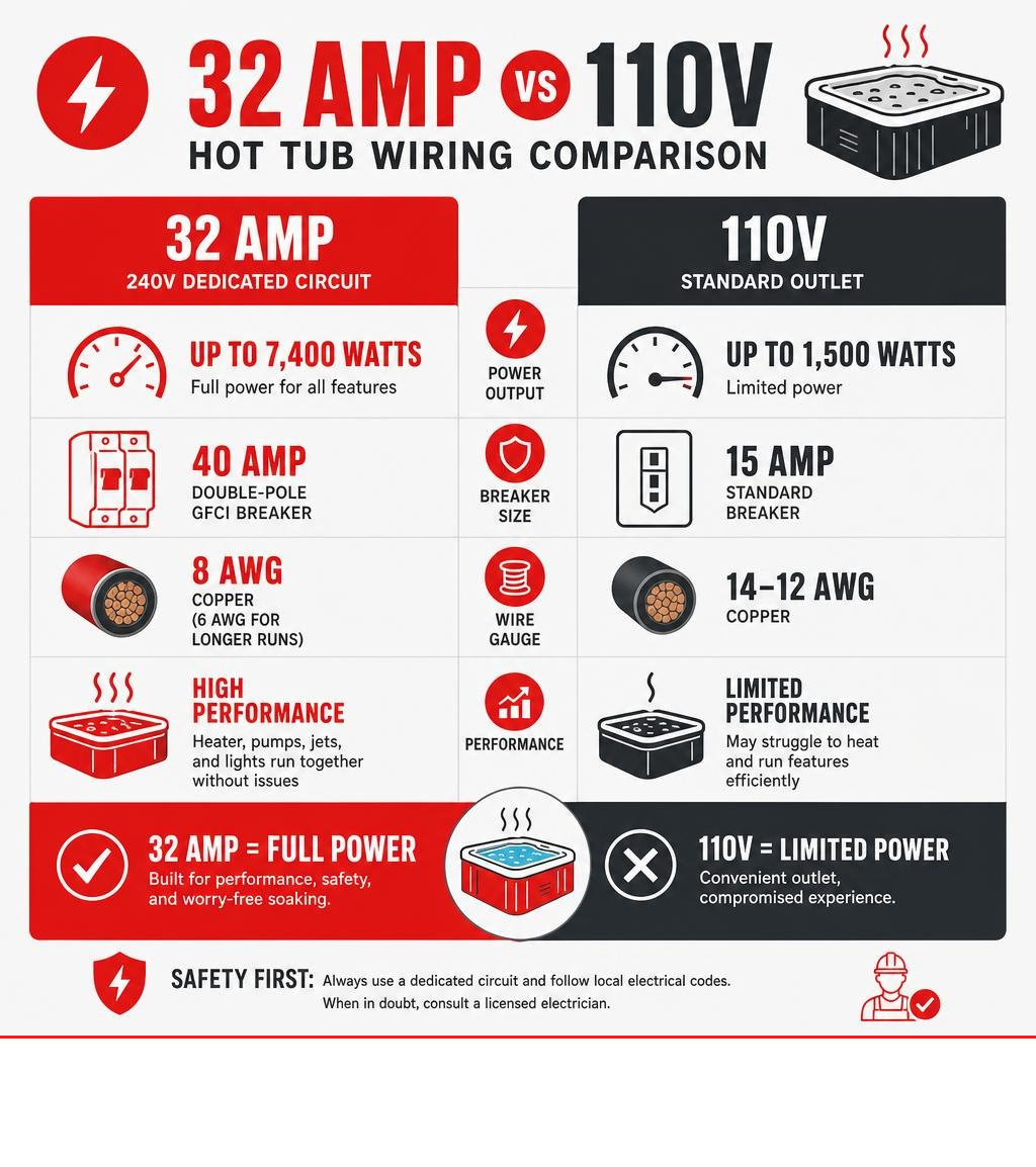 32 amp vs 110V hot tub wiring comparison infographic showing power output, breaker size, wire gauge, and performance 32 amp vs 110V hot tub wiring comparison infographic showing power output, breaker size, wire gauge, and performance