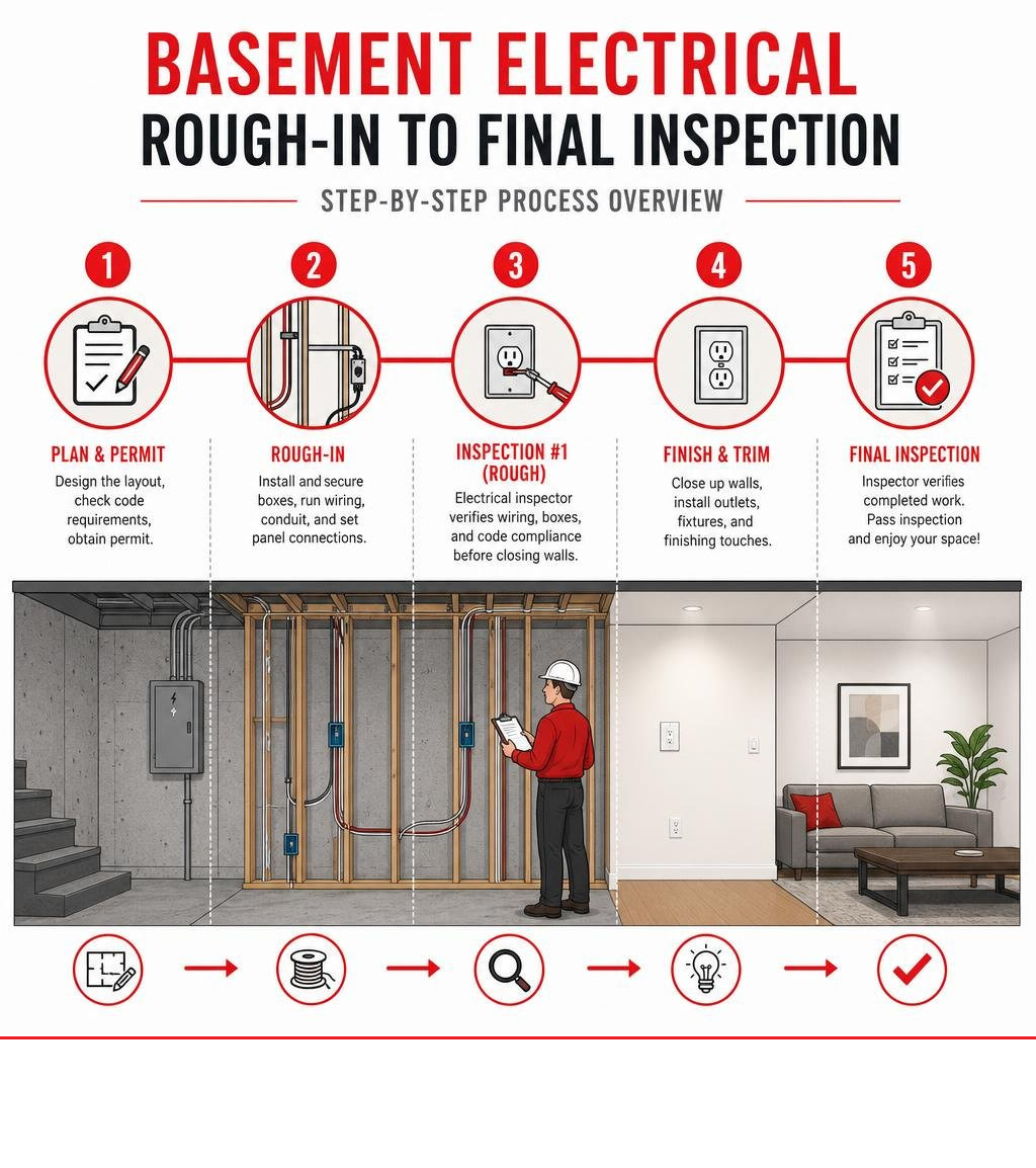 Step-by-step basement electrical rough-in to final inspection process overview infographic Step-by-step basement electrical rough-in to final inspection process overview infographic