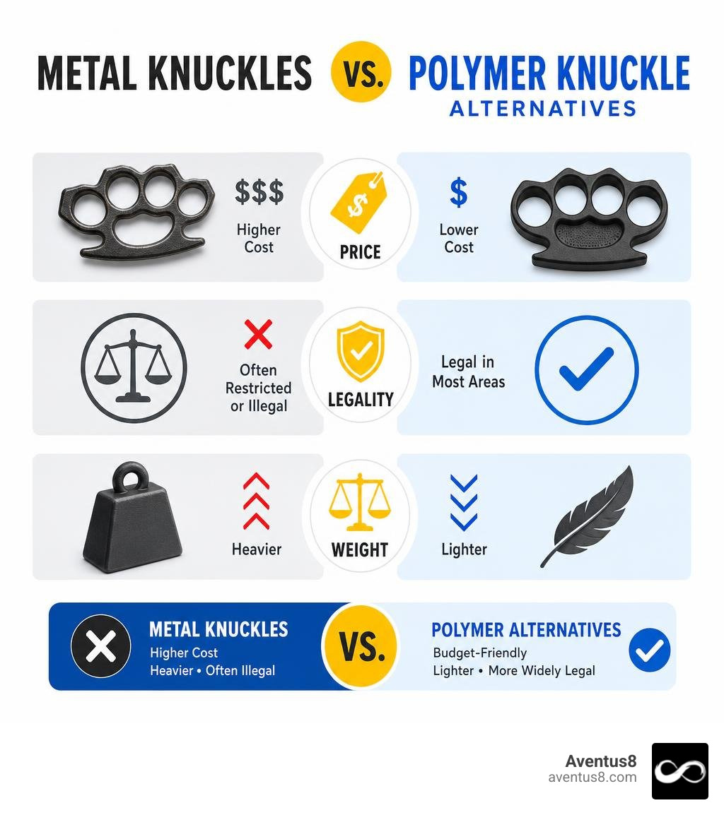 Comparison infographic of metal knuckles vs polymer brass knuckle alternatives: price, legality, and weight infographic Comparison infographic of metal knuckles vs polymer brass knuckle alternatives: price, legality, and weight infographic