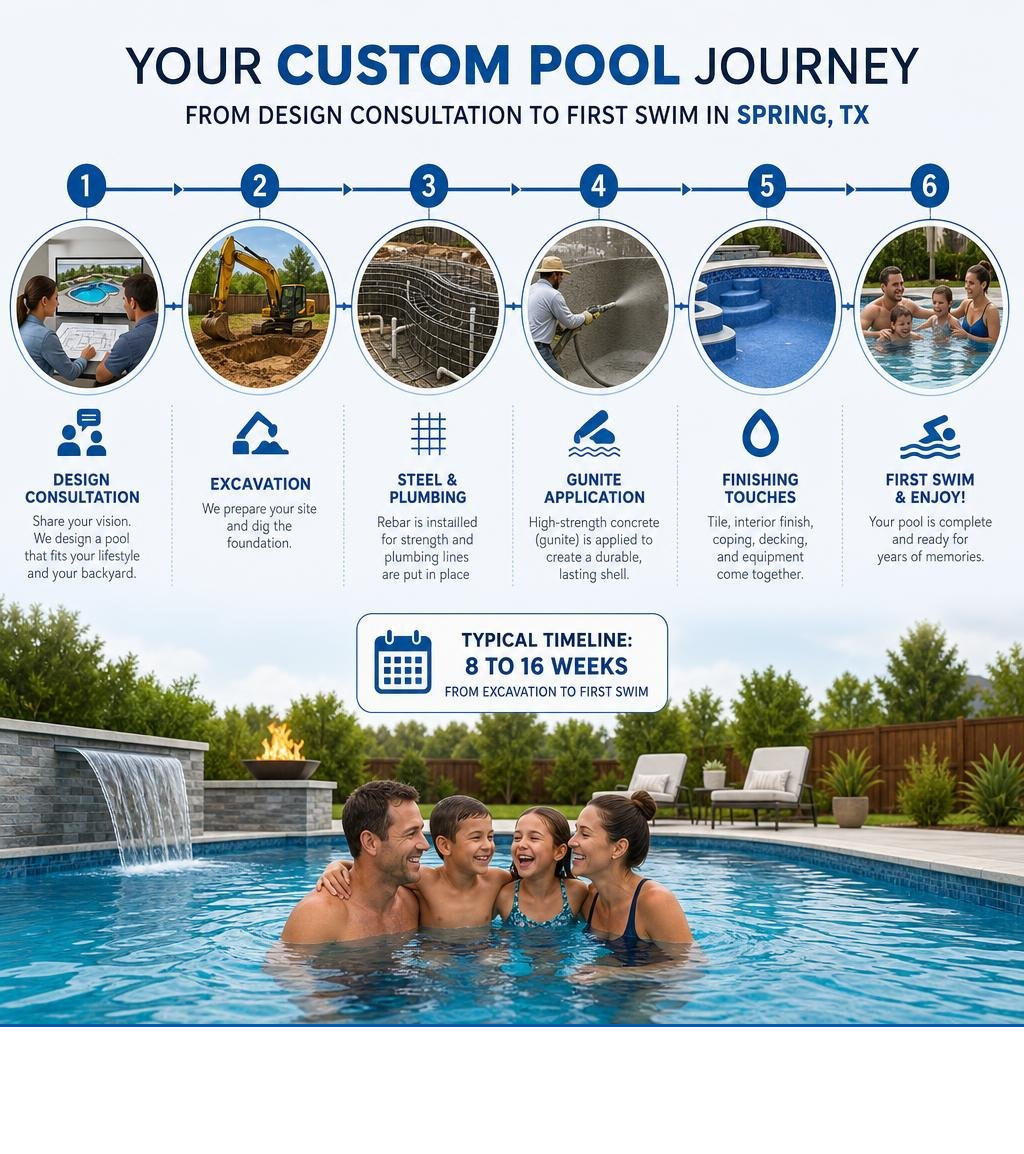 Custom pool journey from design consultation to first swim in Spring TX infographic Custom pool journey from design consultation to first swim in Spring TX infographic