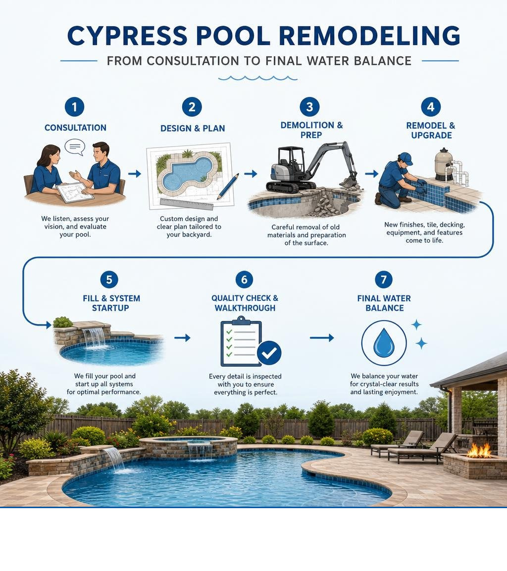 Cypress pool remodeling process from consultation to final water balance infographic infographic Cypress pool remodeling process from consultation to final water balance infographic infographic