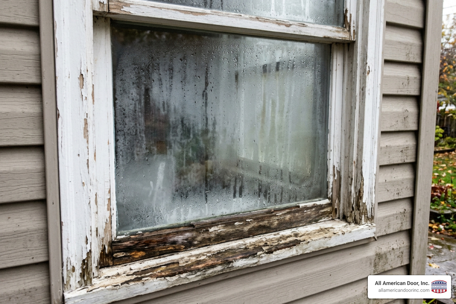 Failed window seal showing condensation and moisture buildup between double panes Failed window seal showing condensation and moisture buildup between double panes