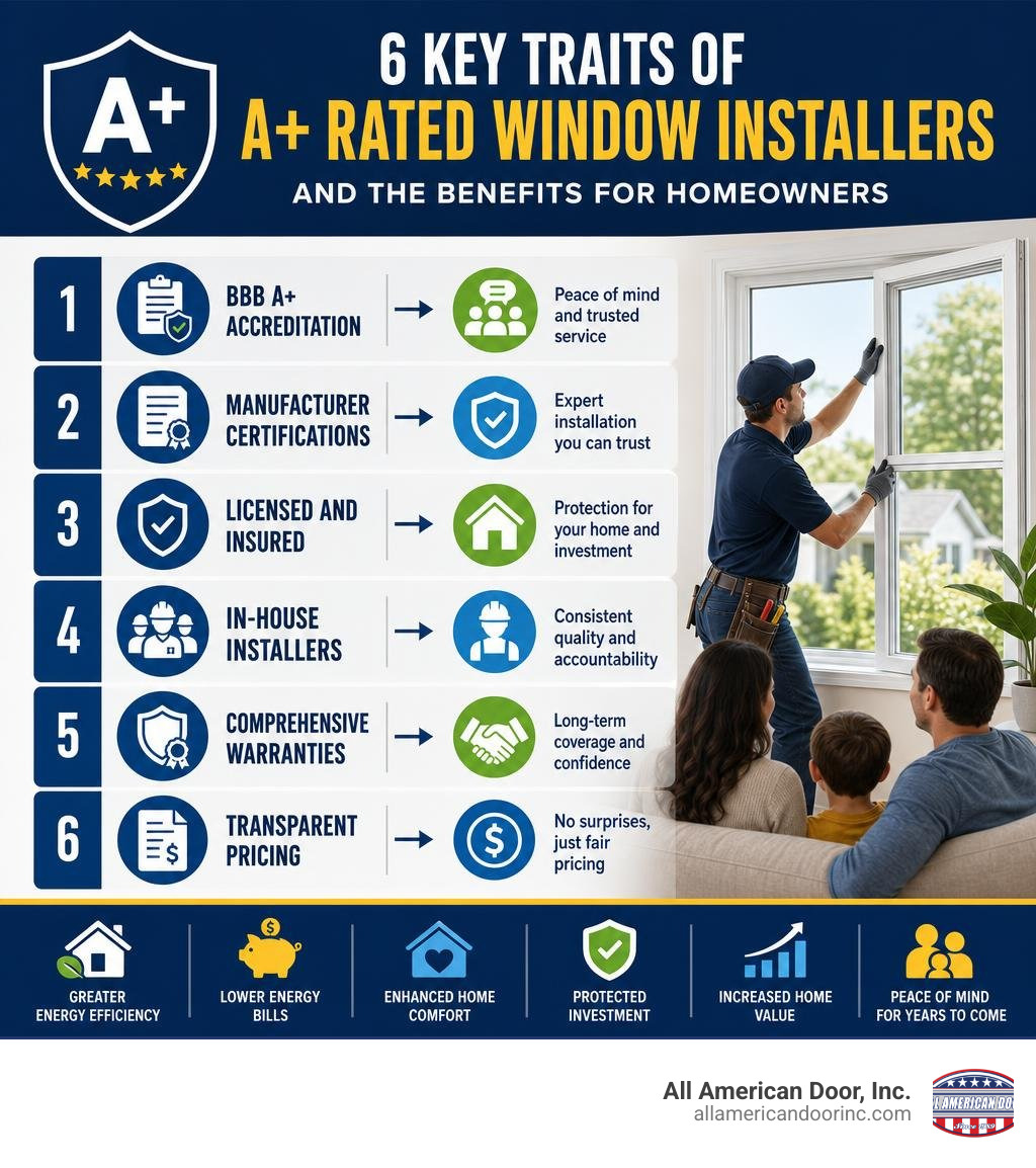 Infographic showing 6 key traits of A+ rated window installers and their benefits for homeowners infographic Infographic showing 6 key traits of A+ rated window installers and their benefits for homeowners infographic