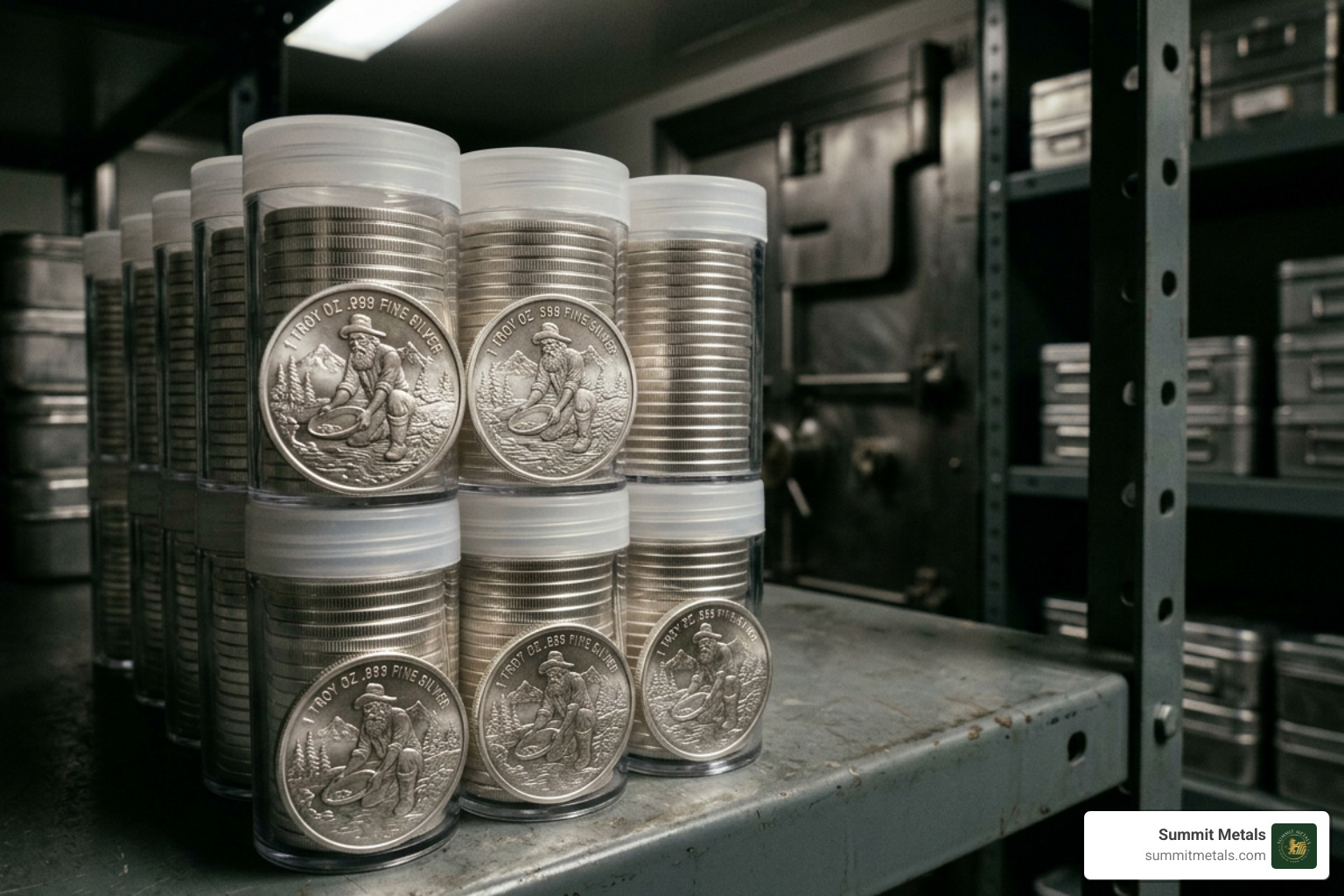 Tubes of 1 oz silver prospector rounds stacked in a secure vault Tubes of 1 oz silver prospector rounds stacked in a secure vault