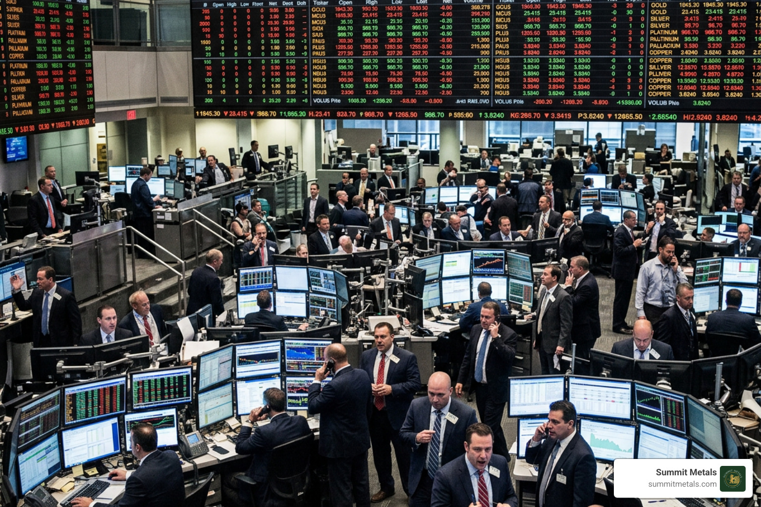 Trading floor activity and price boards on a major global commodities exchange Trading floor activity and price boards on a major global commodities exchange