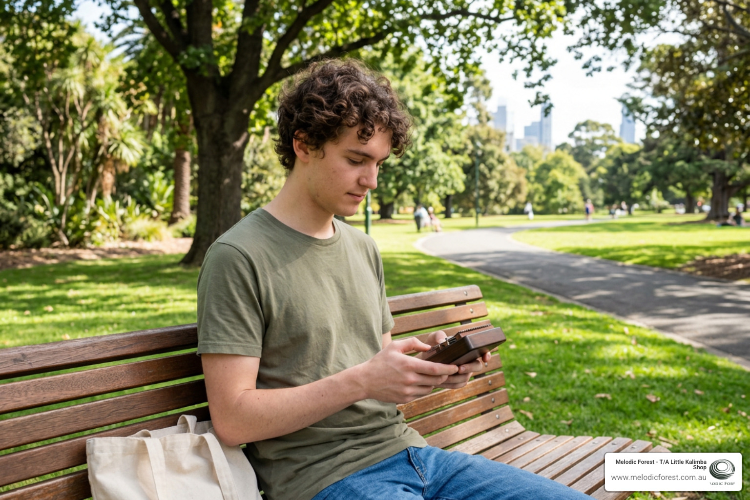 musician playing a kalimba outdoors in a Melbourne park musician playing a kalimba outdoors in a Melbourne park