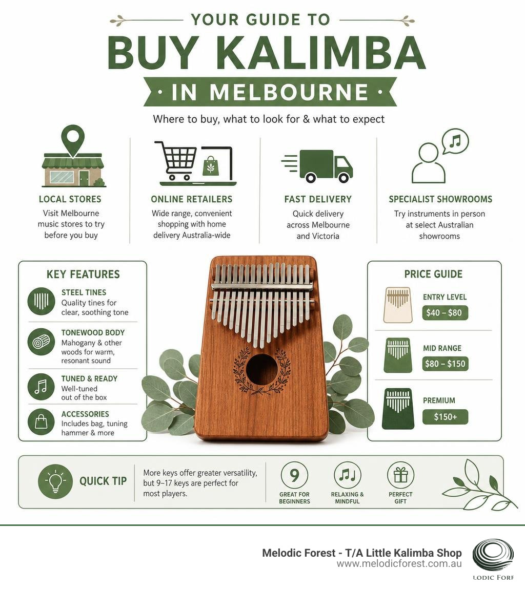 Infographic showing where and how to buy a kalimba in Melbourne: local stores, online retailers, key features, and price Infographic showing where and how to buy a kalimba in Melbourne: local stores, online retailers, key features, and price
