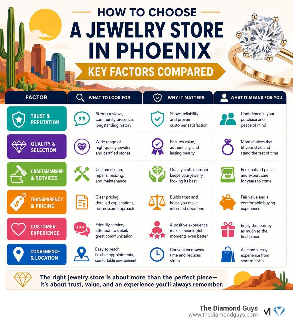 How to choose a jewelry store in Phoenix — key factors compared infographic How to choose a jewelry store in Phoenix — key factors compared infographic