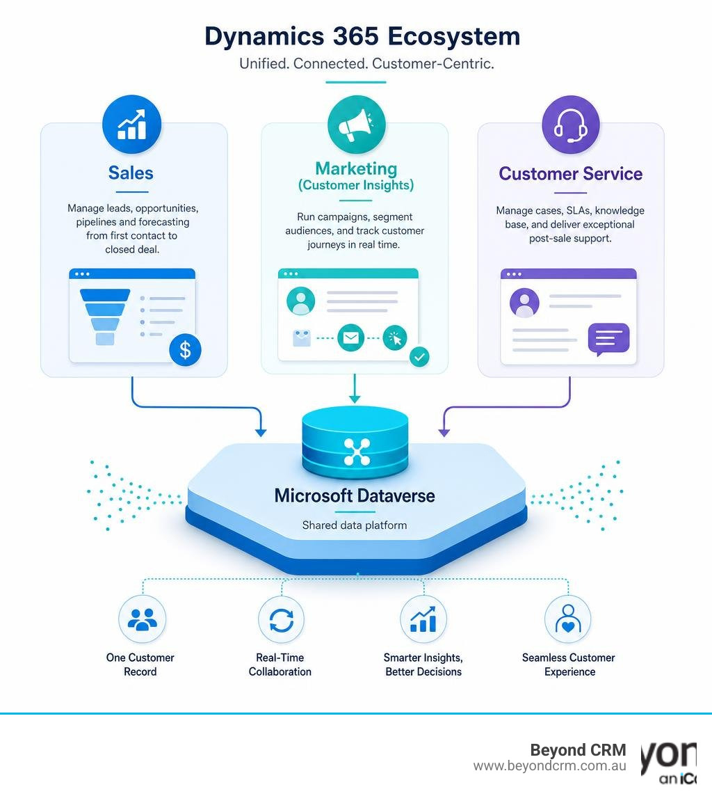 Dynamics 365 ecosystem showing Sales, Marketing, Customer Service modules on shared Dataverse platform infographic