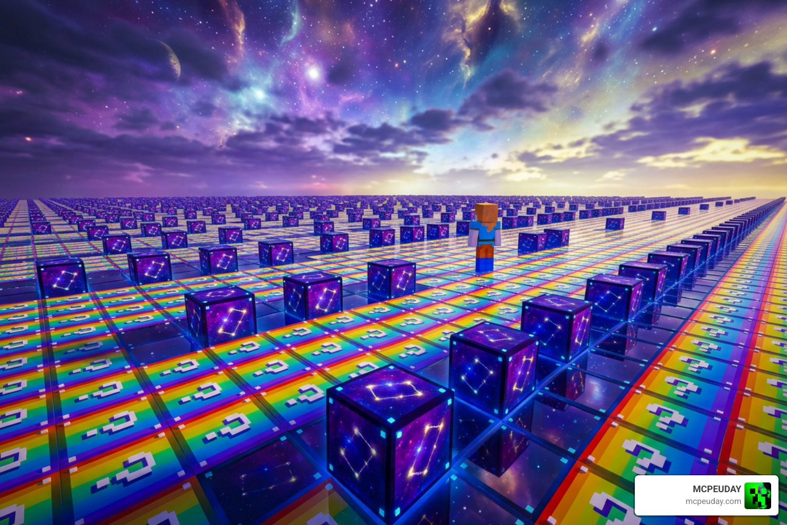A vibrant showcase of Rainbow and Astral Lucky Block variations under custom shaders A vibrant showcase of Rainbow and Astral Lucky Block variations under custom shaders