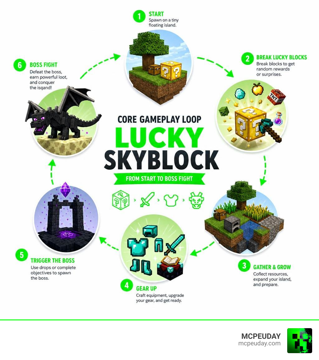 Core gameplay loop of Lucky Skyblock Map from start to boss fight infographic Core gameplay loop of Lucky Skyblock Map from start to boss fight infographic