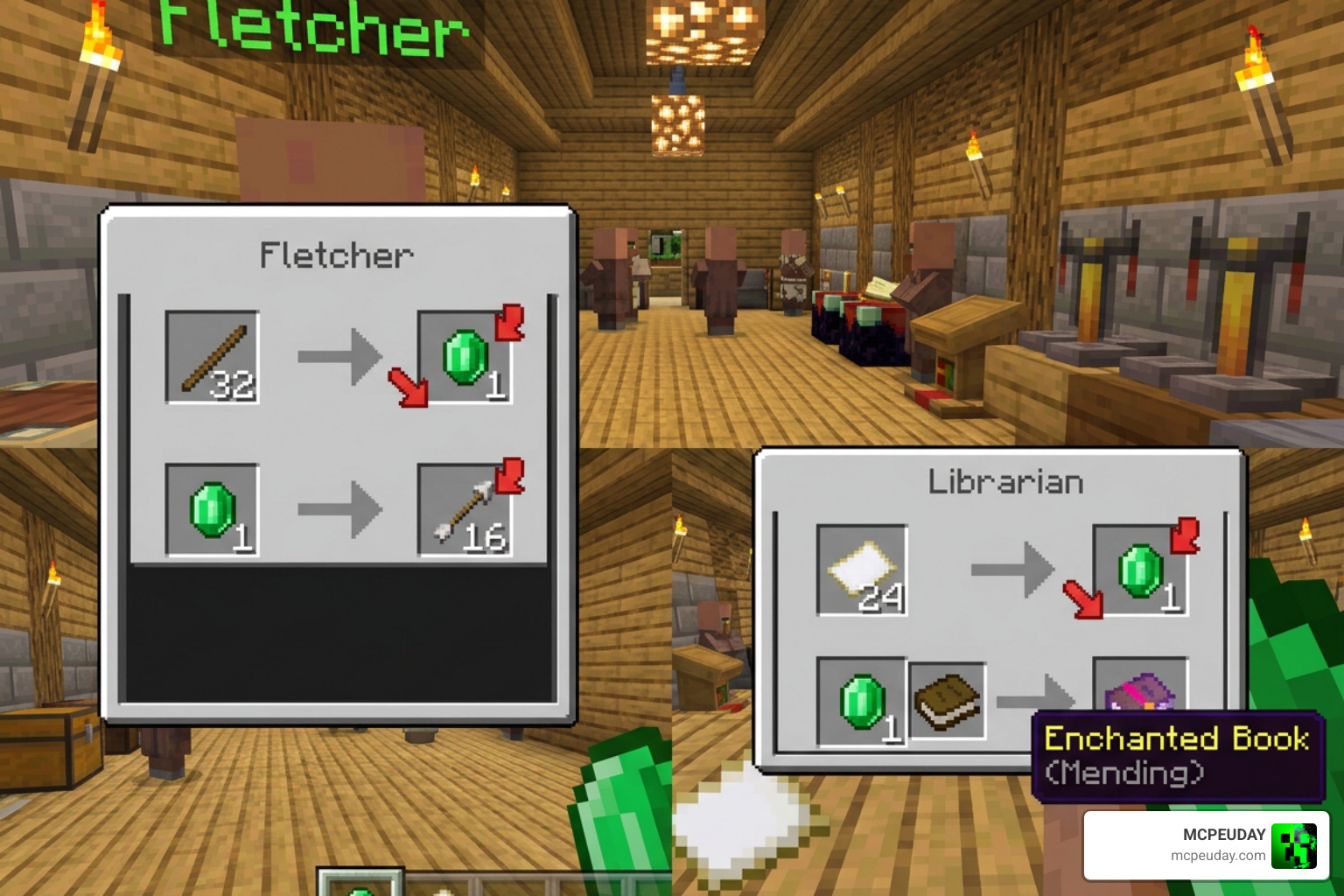 Fletcher and Librarian trades in Minecraft Bedrock showing cheap prices Fletcher and Librarian trades in Minecraft Bedrock showing cheap prices