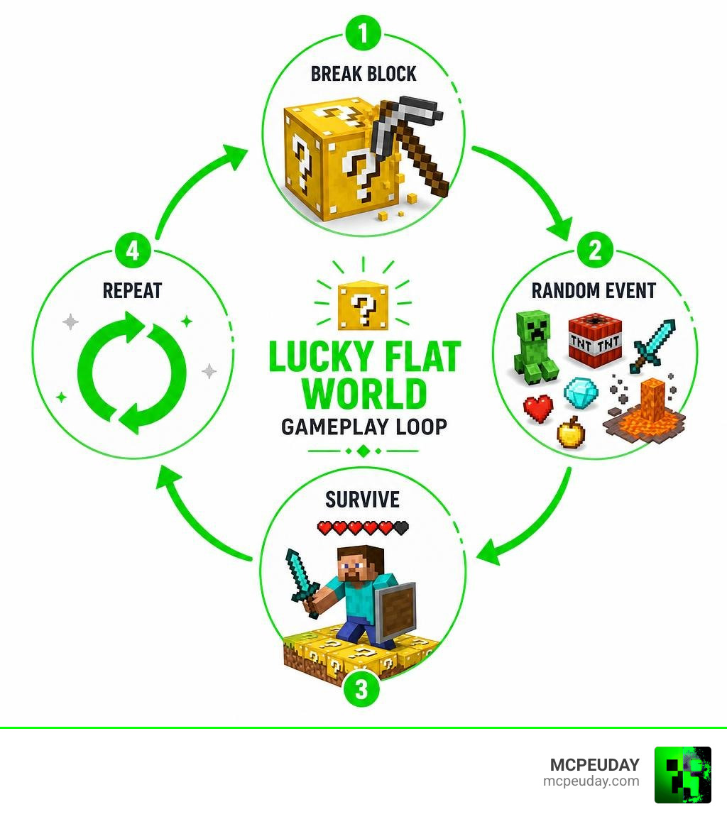 Lucky Flat World gameplay loop infographic showing break block, random event, survive, repeat cycle infographic Lucky Flat World gameplay loop infographic showing break block, random event, survive, repeat cycle infographic