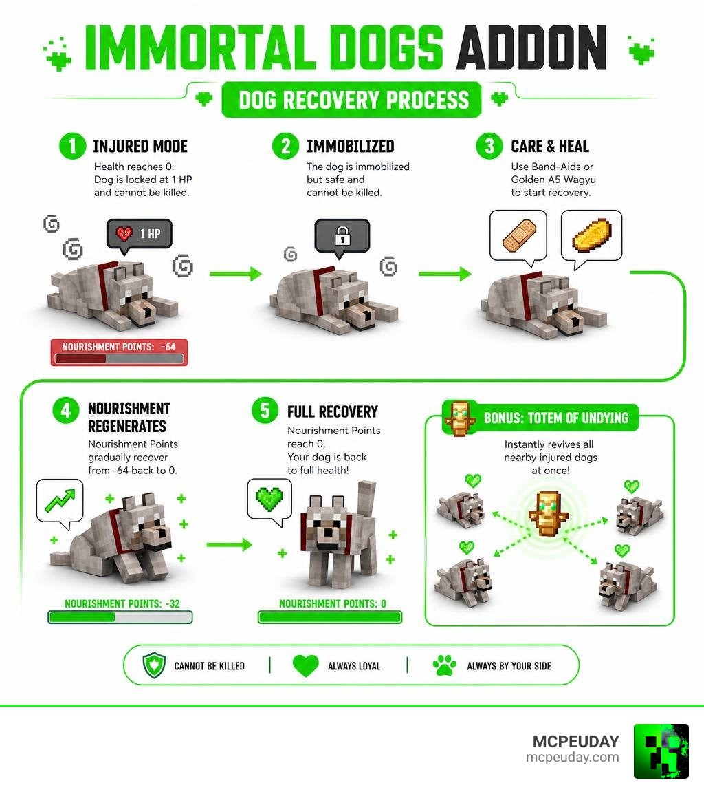 Immortal Dogs Addon dog recovery process from Injured Mode to full health infographic Immortal Dogs Addon dog recovery process from Injured Mode to full health infographic