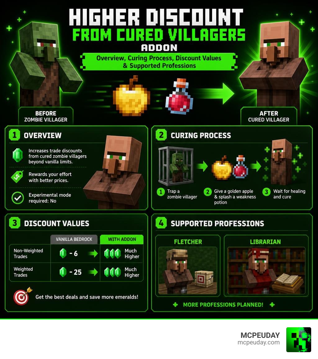 Infographic: Higher Discount From Cured Villagers Addon overview, curing process, discount values, and supported professions Infographic: Higher Discount From Cured Villagers Addon overview, curing process, discount values, and supported professions