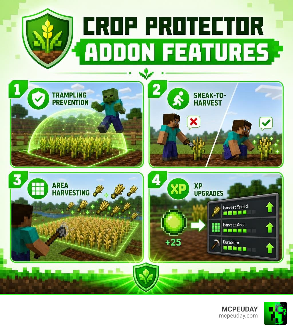 Infographic showing crop protector addon features: trampling prevention, sneak-to-harvest, area harvesting, XP upgrades Infographic showing crop protector addon features: trampling prevention, sneak-to-harvest, area harvesting, XP upgrades